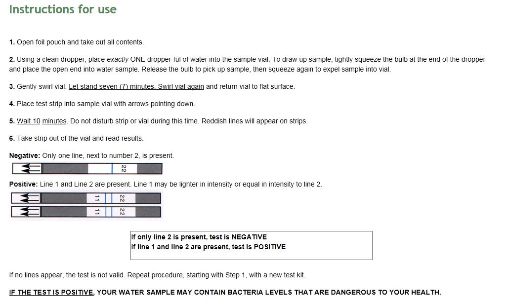 Watersafe bacteria test kit instructions